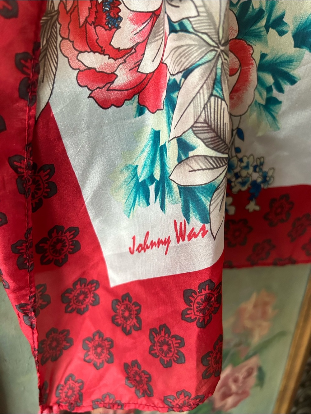 Johnny Was Silk Floral Tassel Border Scarf in Aqua and Red - Picture 7 of 7